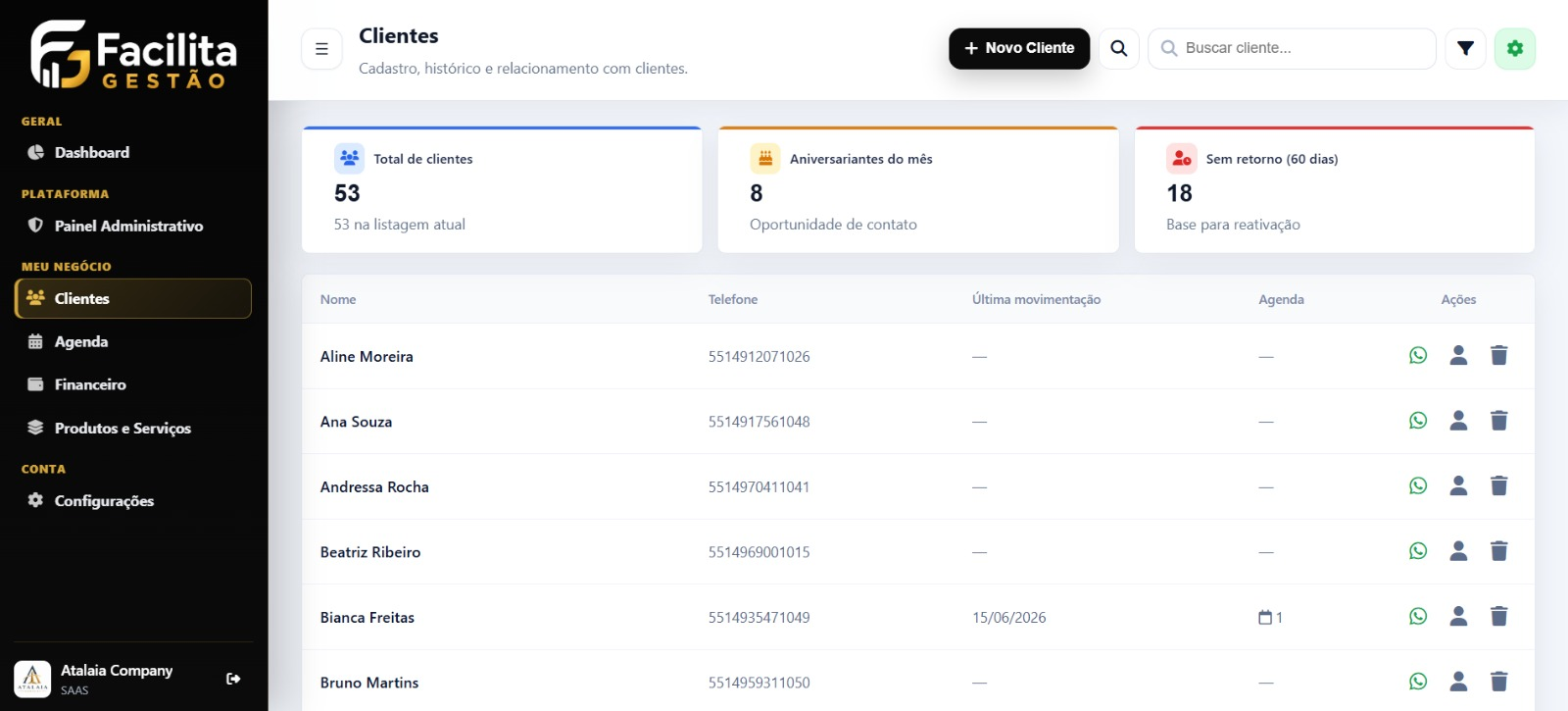 Tela real de clientes do Facilita Gestao