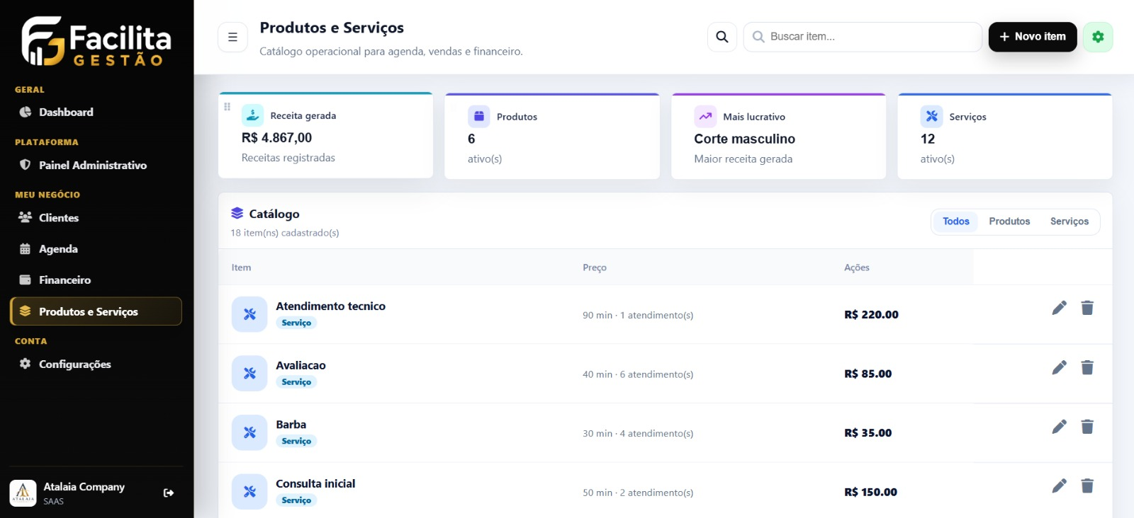 Tela real de produtos e servicos do Facilita Gestao